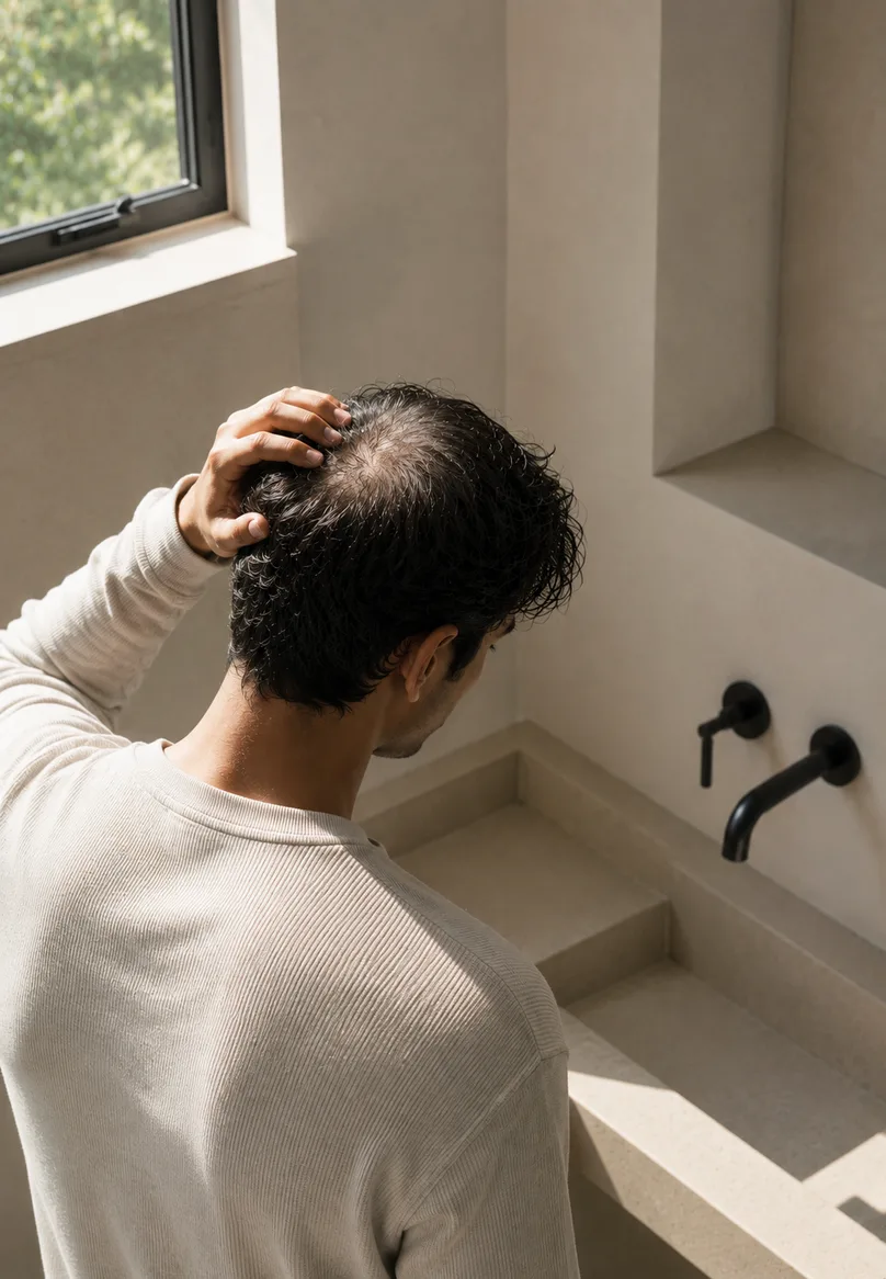 More scalp becoming visible under bright light