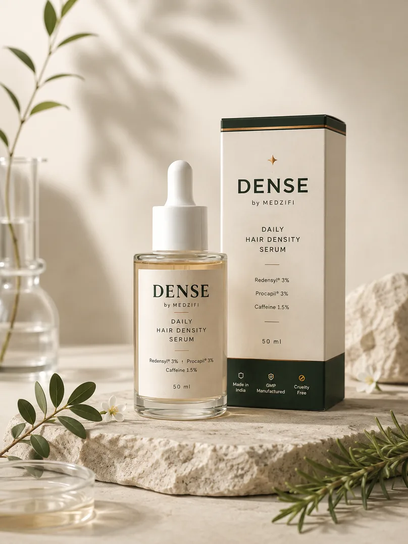 Dense serum dropper held over a bathroom sink