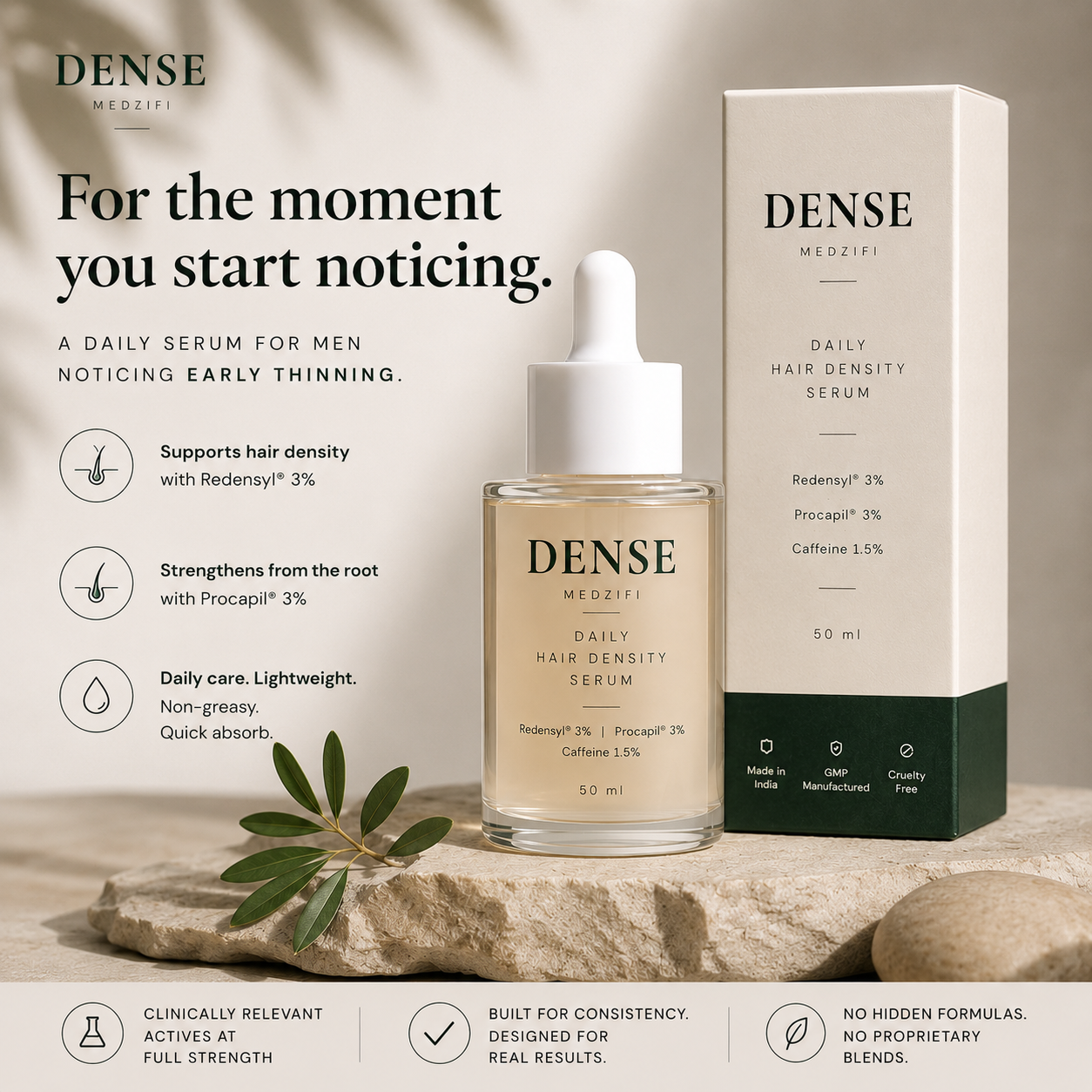 Dense daily hair density serum bottle and packaging
