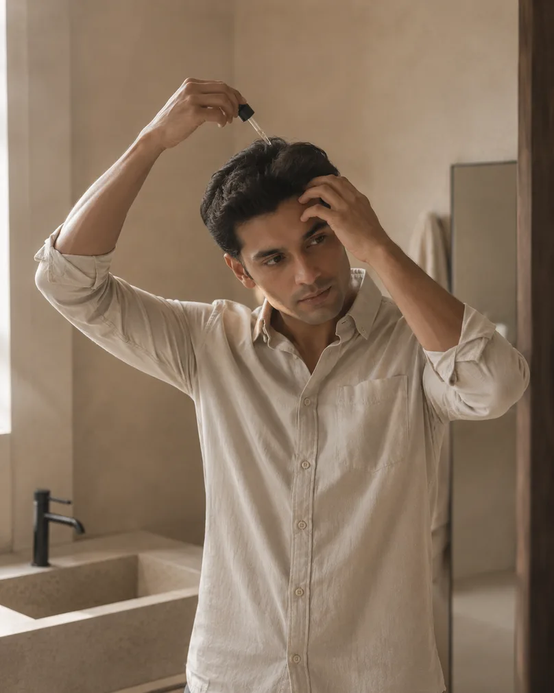 Man finishing his morning routine, ready for the day